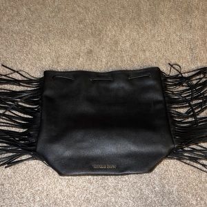 Victoria's Secret Black Faux Leather Fringe Drawstring Backpack Bag Purse Tote